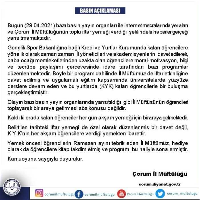 Çorum İl Müftülüğünden "O Haber gerçeği yansıtmamaktadır"