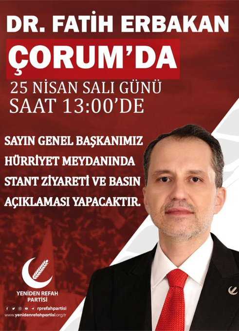 DR. Fatih Erbakan Salı Günü Çorum'da