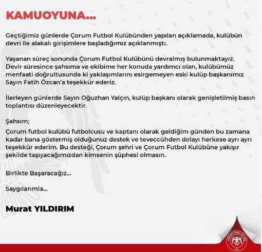 Murat Yıldırım Çorum FK'nın başkanı oldu